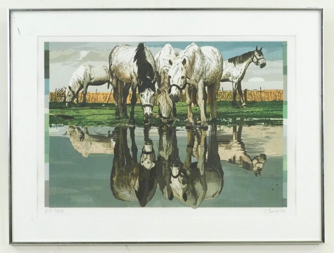 Fran Bull Photorealism Print: " Horses of the Camargue" A.P. 9/30, SLR, "F Bull '80", 24" x 32" Framed, upper left hand corner glass cracked 
