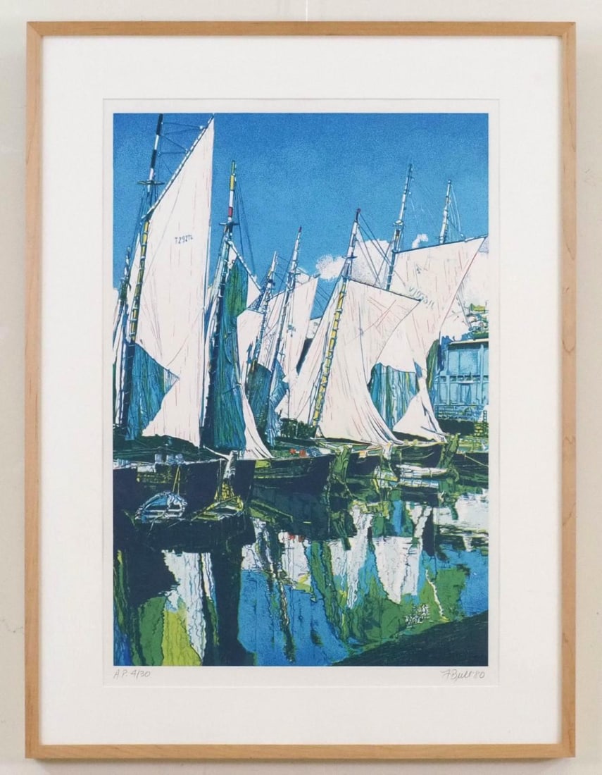 Fran Bull Photorealism Print: "French Seaport" A.P. 4/30, SLR, F Bull '80", tagged en verso, 33 1/4" x 25" Framed