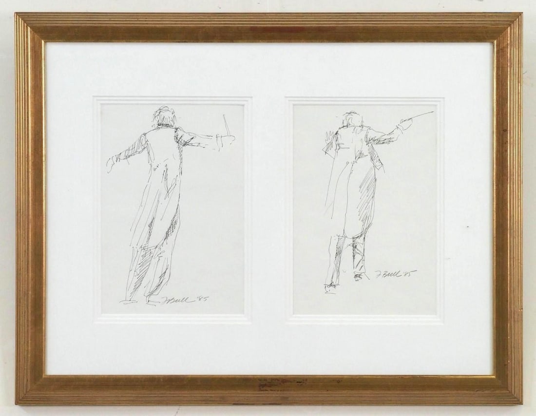 Pair of Fran Bull Prints: "Orchestral Conductor" SLR, "F Bull '85", 19 3/4" x 25 1/2" Framed, Both Prints in one frame 