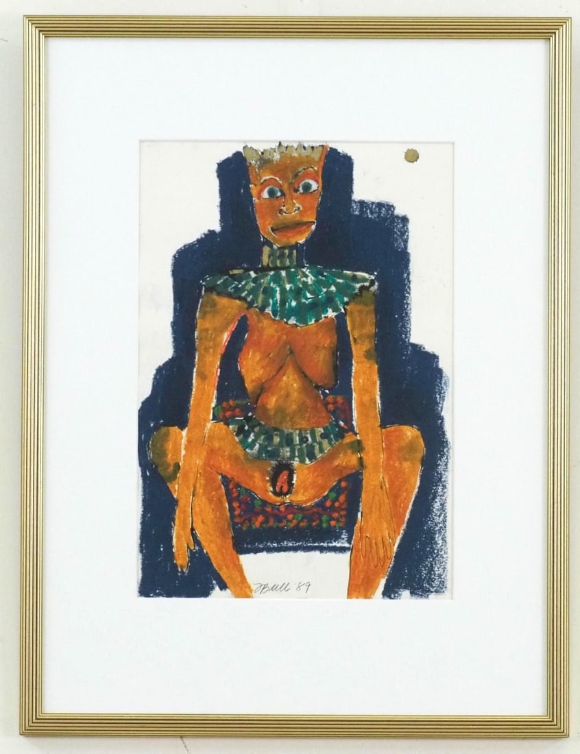 Fran Bull Ink & Oil Crayon on Paper: "Seated Nude", SLC "F Bull '89", 25 1/4" x 19 1/4" Framed