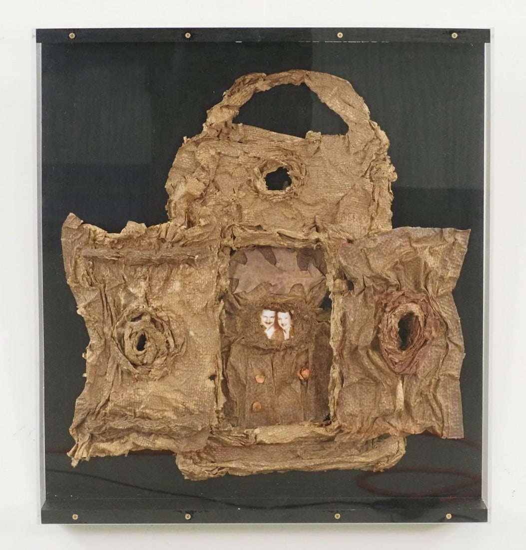 Fran Bull Wall Sculpture in Shadowbox: "Ancestors", signed en verso, box 26 1/2" x 24 1/2" 