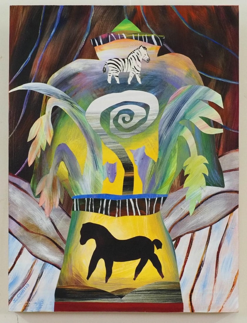 Joan Curtis Acrylic Collage on Panel: "Heart's Desire: A Coat of Stripes, No. 1", SLL, "J. Curtis", 24" x 18" 