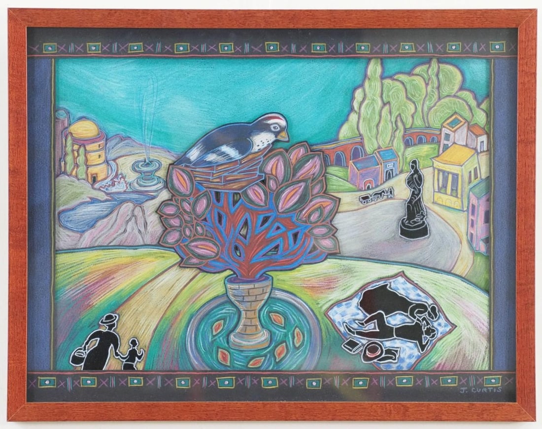 Joan Curtis Colored-Pencil & Acrylic Paper: "Journey Home", SLR, "J. Curtis", tagged en verso, 16" x 20 1/2" Framed 