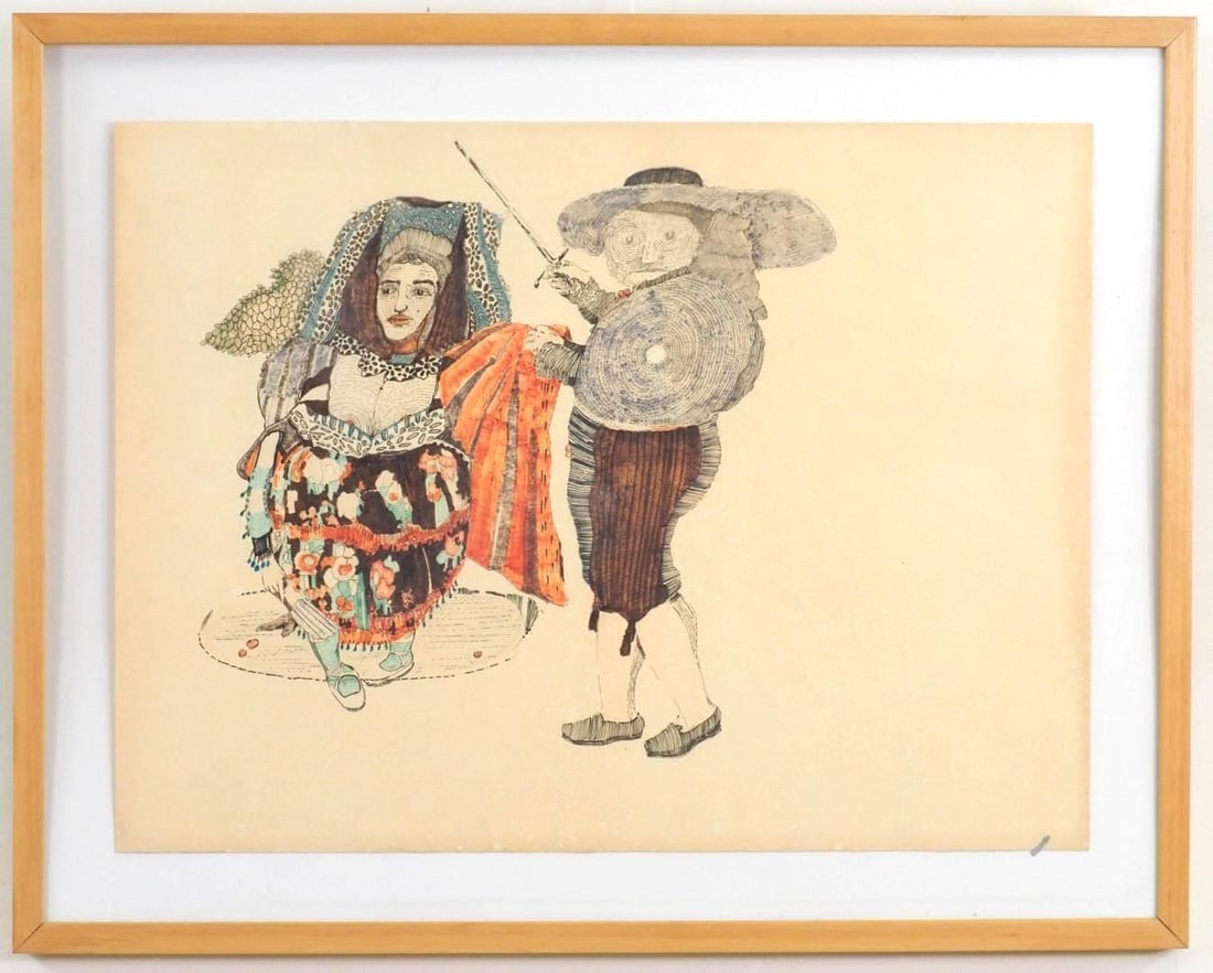 Pen and Ink and Watercolor on Paper: unsigned, 23 1/4" x 29 1/4" Framed