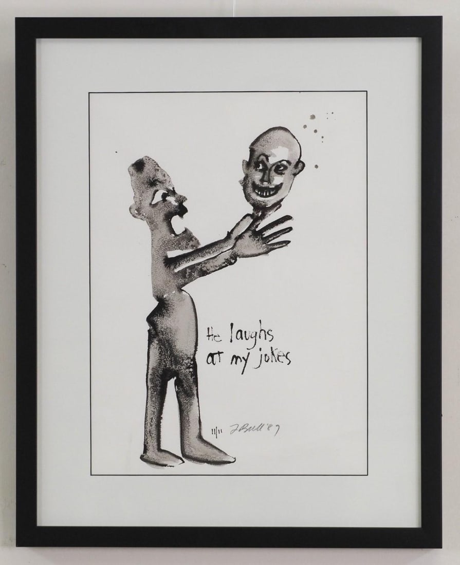 Fran Bull India Ink on Paper: "He Laughs at My Jokes" SLC, "F Bull '89", 20 1/4" x 16 1/4" Framed