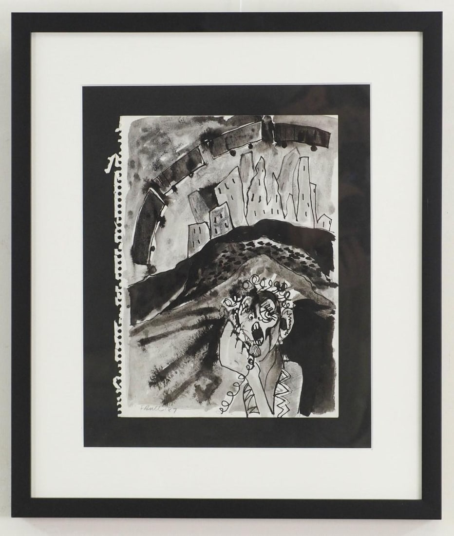 Fran Bull India Ink on Paper: "Do You See It?" SLL, "F Bull '87", 20 1/4" x 17 1/4" Framed