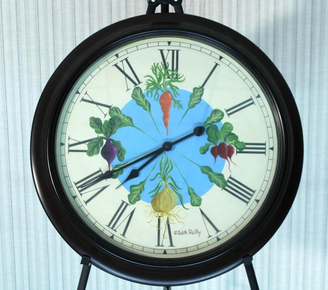 Judith Reilly Paint Decorated Wall Clock: 24" in diameter, Battery leaked in movement