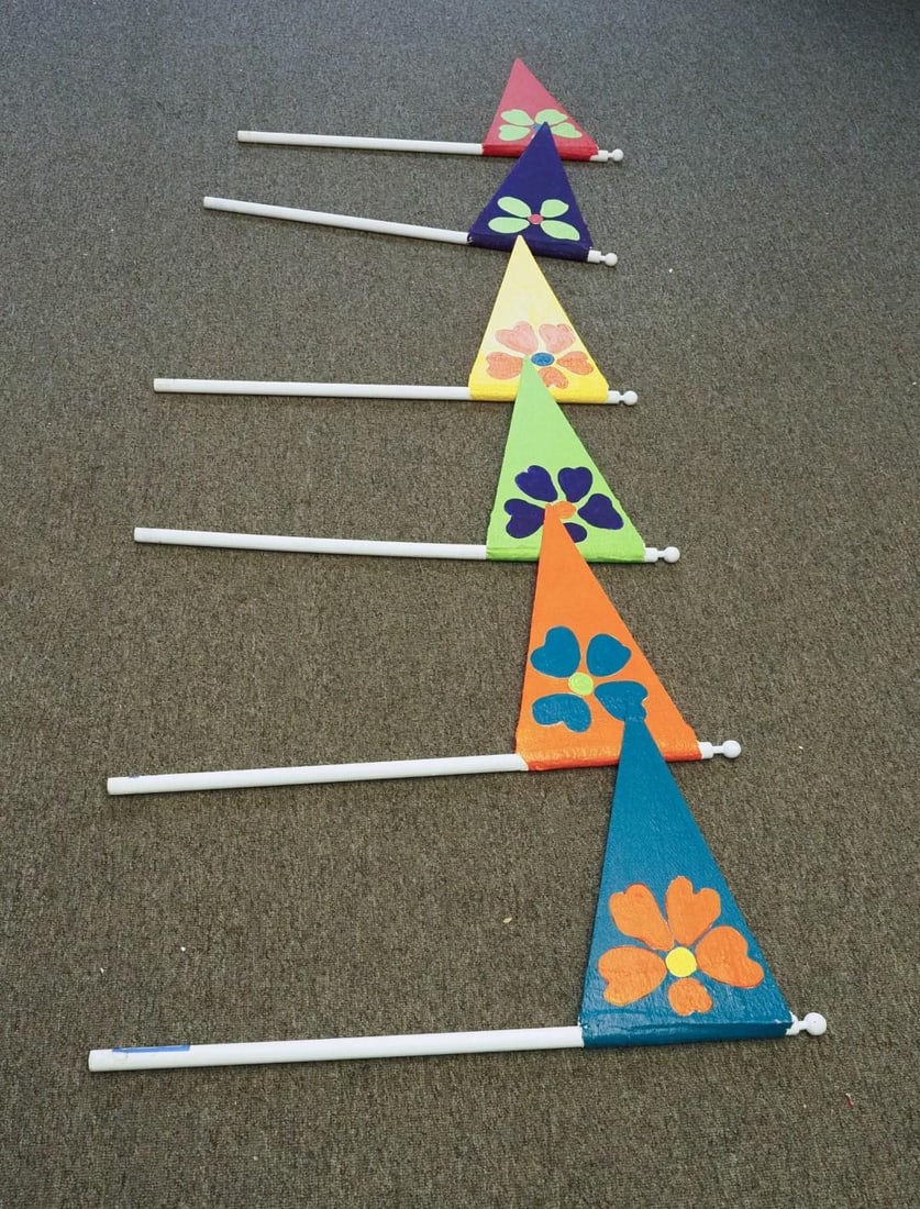 (6) Fran Bull Painted Wood Pennant Flags: Flag 18" Length, Pole 33 1/2" High