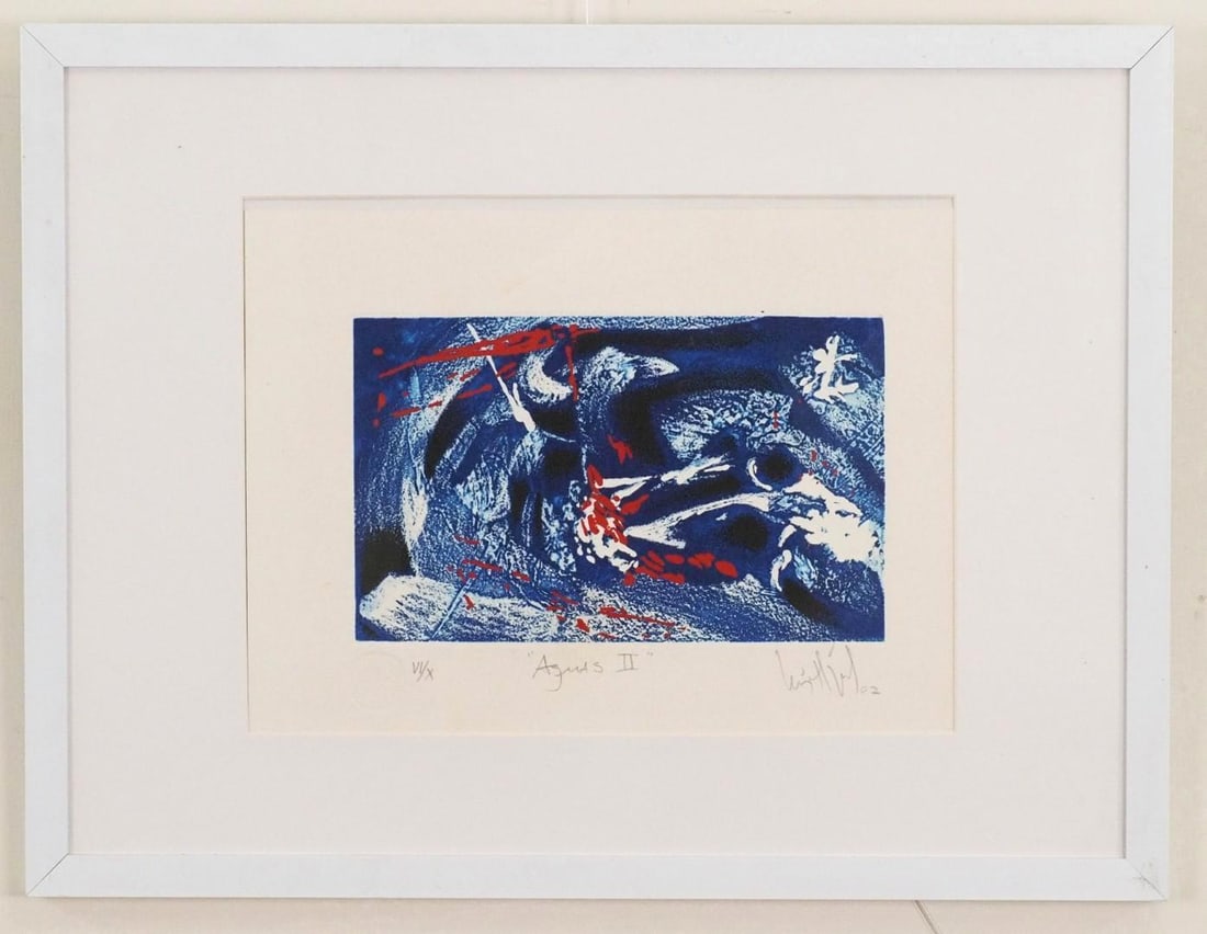 "Aguas II" Print on Paper: stamped w/ Taller de Grafica; 6/10, unidentified signature LR; 13"x17" framed 
