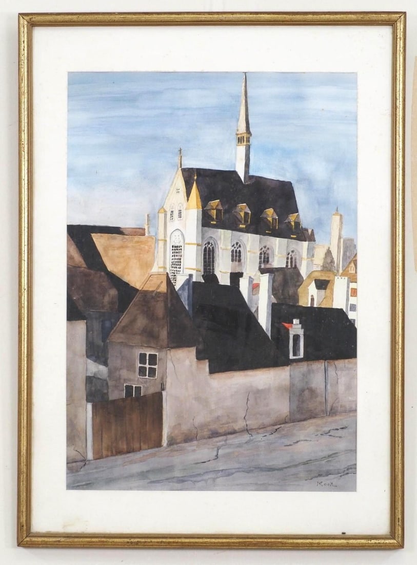 Belgium Village Watercolor on Paper Painting: SLR "Marie W. Cook, CA. 1964", 29"x21" framed 