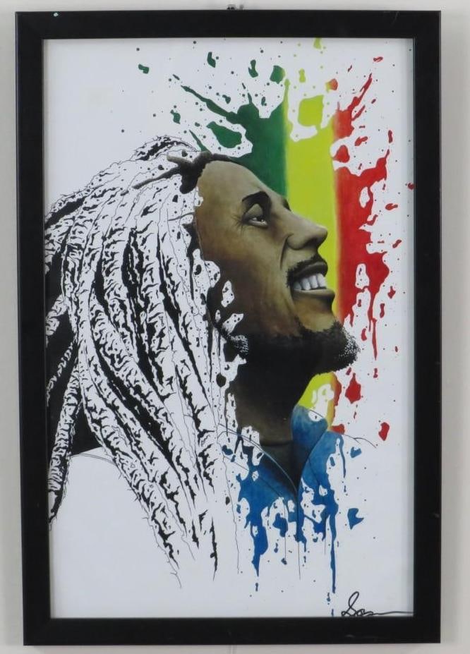 Sean Carlson Print of Bob Marley "Splatter" Portrait: unidentified signature LR, "18x12" framed 