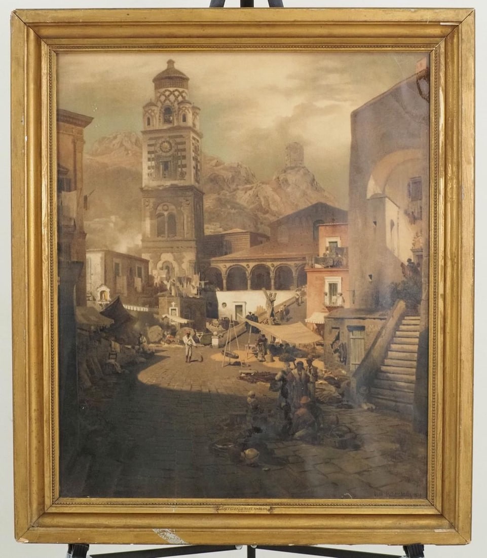 Oswald Achenbach "Market Square at the Amalfi Coast" Print: SLR "O. Achenbach 1876", 28"x 24" framed 
