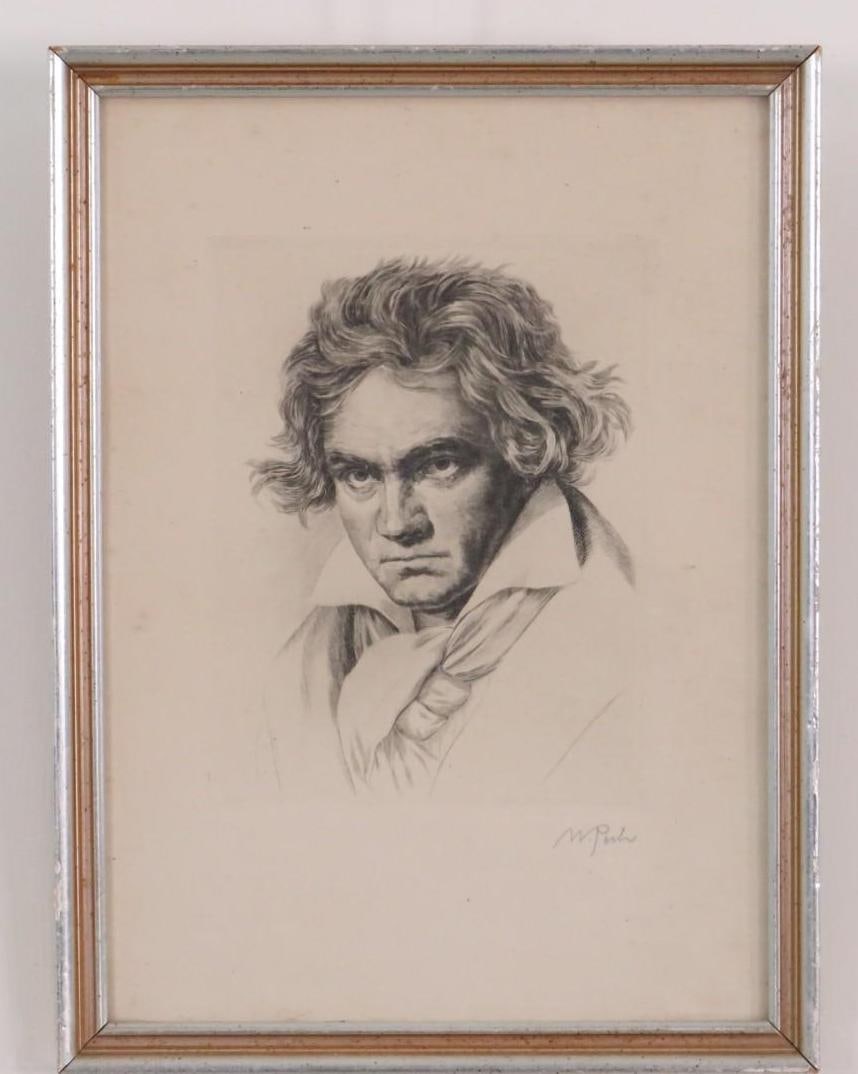 William Pech Etching of Beethoven: SLR "W. Pech", 10.75"x 8" framed 