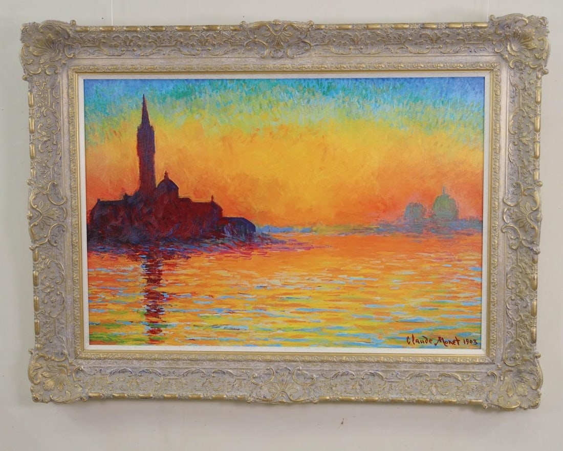 John Myatt Hand Embellished Giclee on Canvas: "Sunset at San Giorgio Maggiore in the Style of Claude Monet, 1908" 14/95, signed en verso John Mywatt, 35.25" x 47.25" framed 