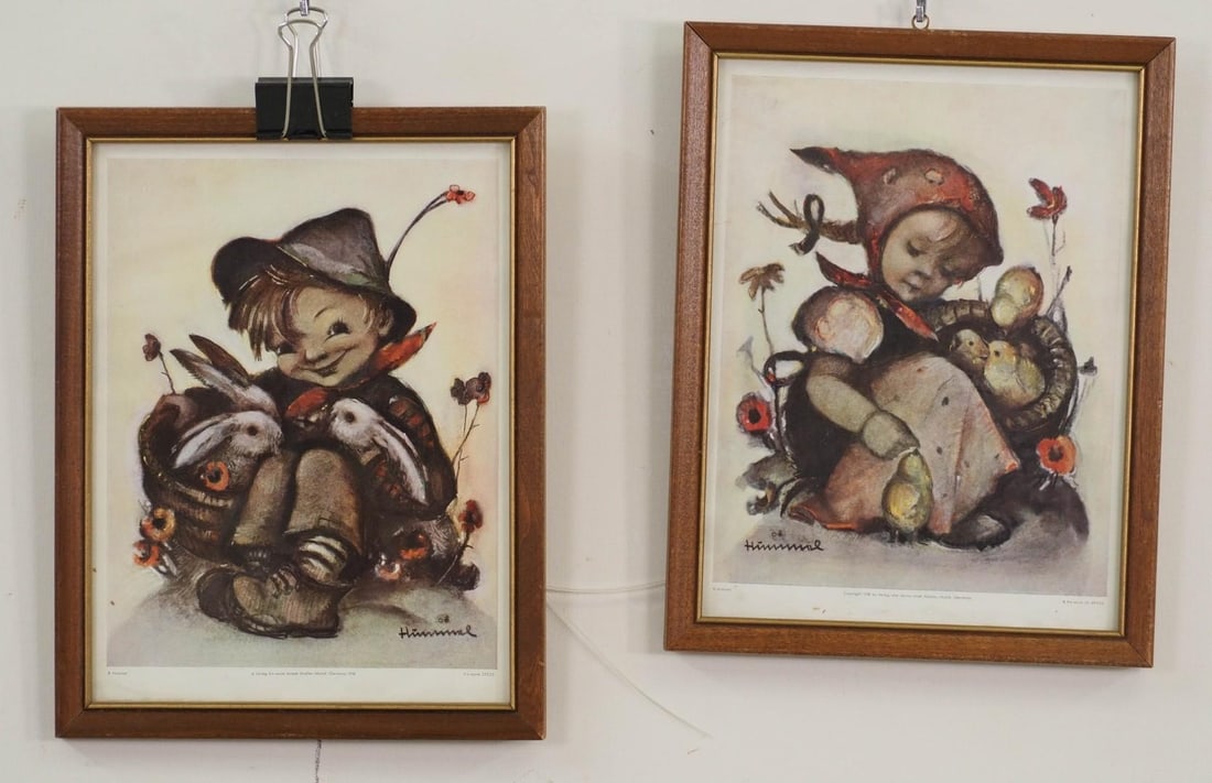 (2) Berta Hummel Framed Prints: "Farm Girl w/Chicks" and "Farm Boy w/Bunnies"; 13" x 10.25" framed 