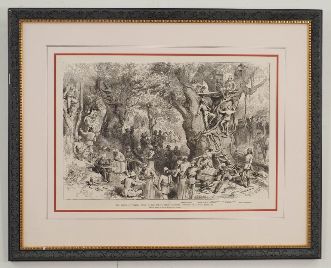 Etching on Paper: "The Prince of Wales's Tiffin in the Nepal Terai: Expected Approach of a Wild Elephant", 22.5" x 28" framed 