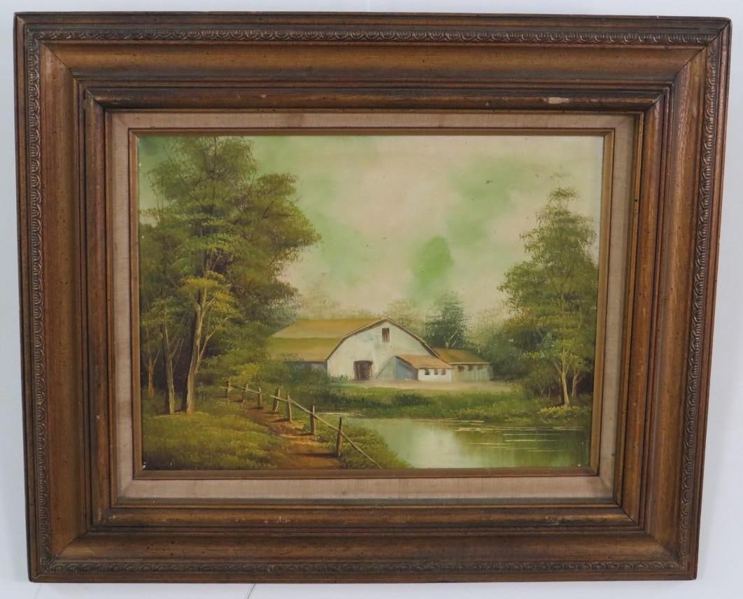 Landscape Oil on Canvas Painting: 20" x 24" framed; minor damage to canvas
