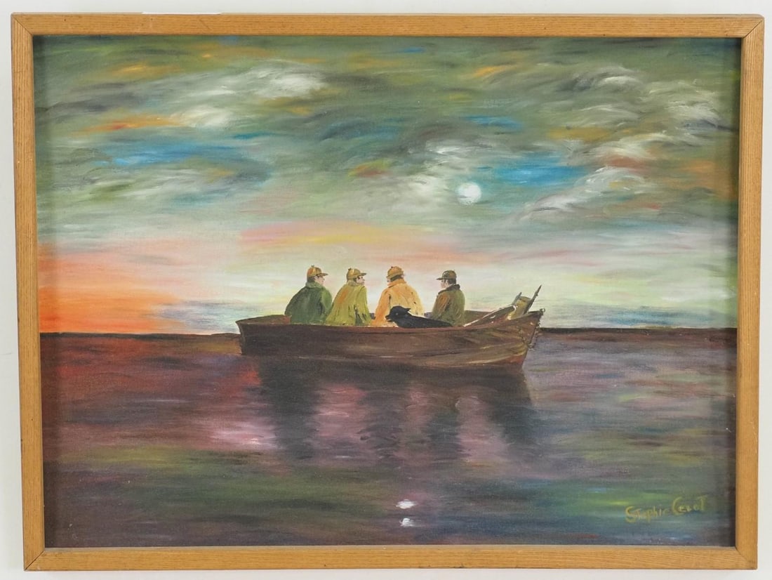 Stephanie Cecot "Fishermen" Oil on Canvas Board Painting: Rutland VT Artist; SLR "Stephie Cecot"; 19" x 25" framed 