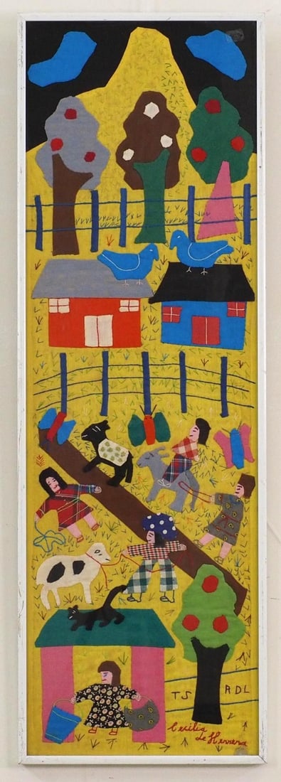 Cecilia Le Herrera Framed Embroidered Folk Art Quilt: SLR "Cecilia Le Herrera"; 31.75" x 10.5" framed; 