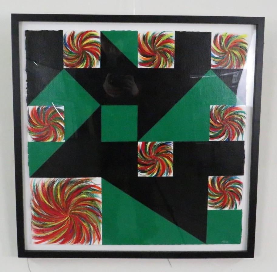 Mark E. Zimmerman "Green Pinwheel Quilt" Acrylic on Paper: SLR "MEZ", 25.5" x 25.5" framed 