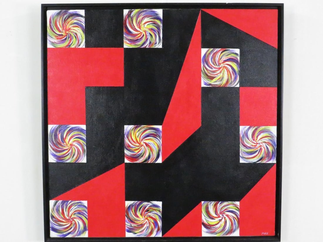 Mark E. Zimmerman "Red Pinwheel Quilt" Acrylic on Canvas: SLR "MEZ", 25" x 25" framed 