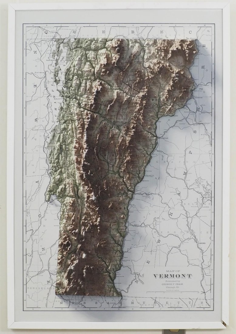Topographic Map of Vermont: 37.25" x 25.5" framed, **Lower Right Corner of Frame Needs Repair 