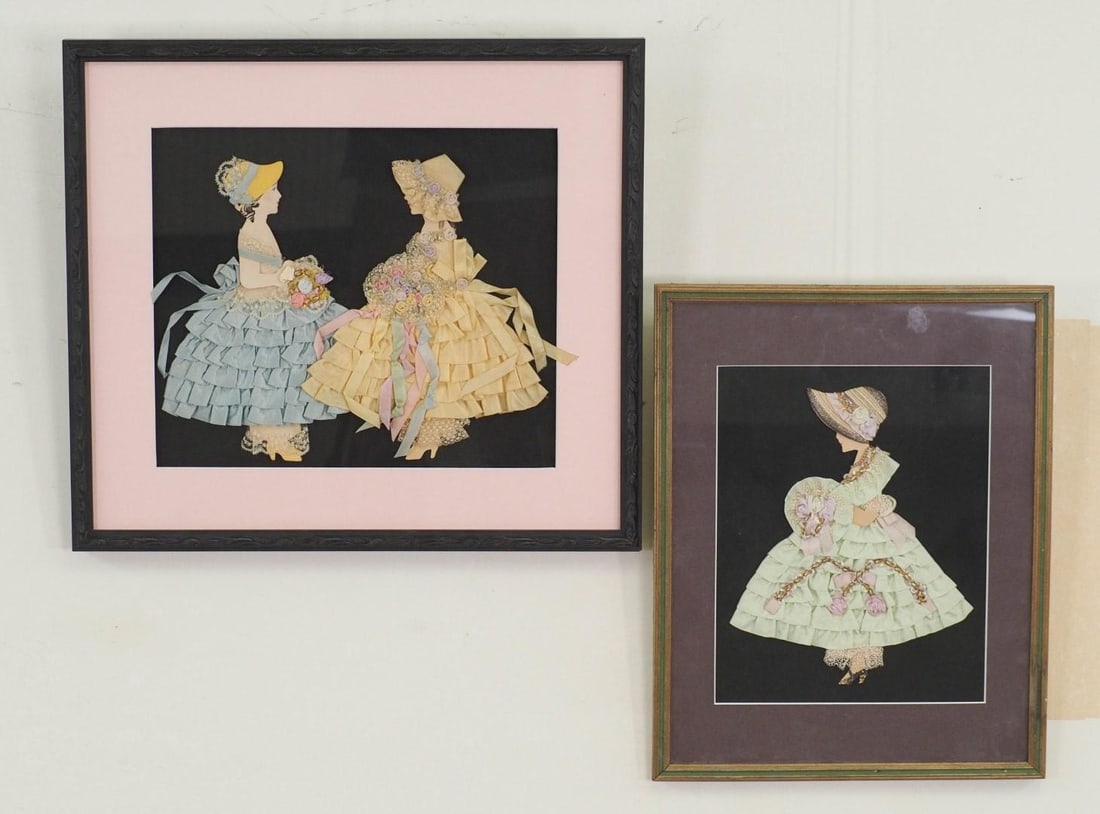(2) Ribbon Embellished Paper Dolls "Ribbon Dolls": smallest 14.75" x 11.75" framed, largest 15" x 16.75" framed 