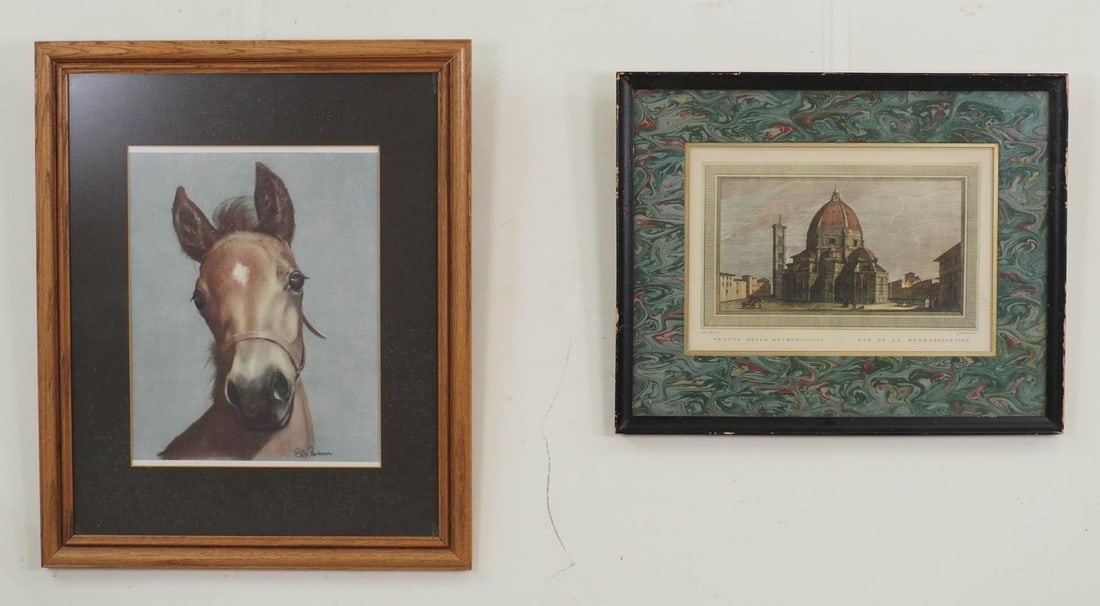(2) Prints on Paper: "Veduta Della Metropolitana" 15" x 18.75" framed, horse print SLR, 22" x 18.25" framed 