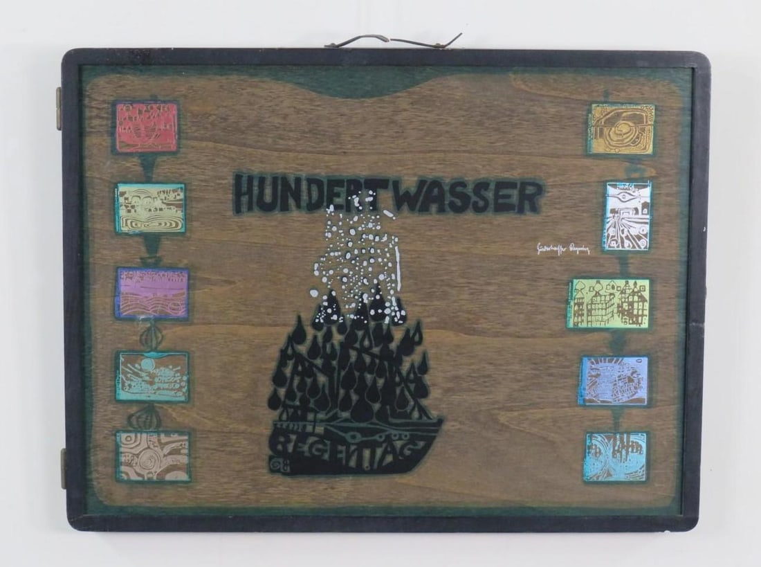 Friedensreich Hundertwasser Painted Wood Case: "Look at it on a Rainy Day", 162/3000, SLL on the inside "Friedensreich Hundertwasser", 21.75" x 28.5" closed, overall 21.75" x 57" 