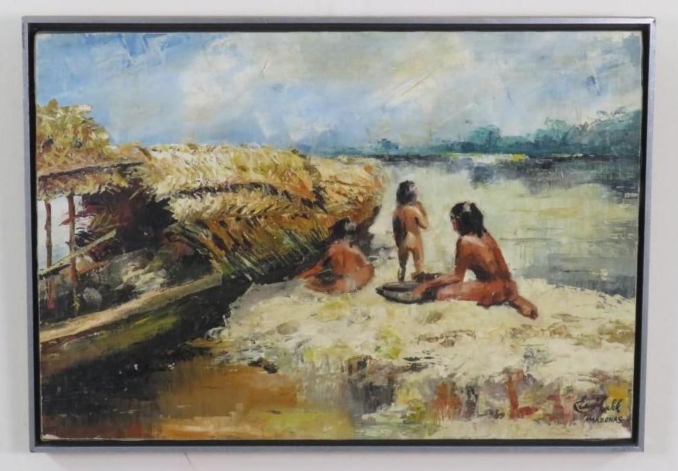 "Amazonas" Oil on Canvas Painting: SLR un identified signature, 19" x 27" framed 