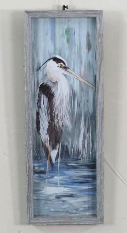 Julie Derice "Standing Heron" Print on Masonite: 18.75" x 6 7/8" framed 