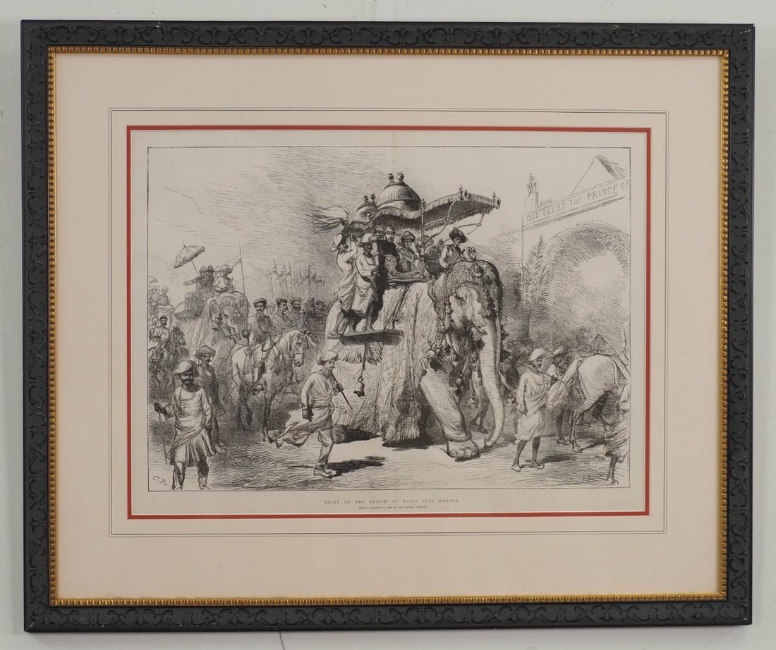 "Entry of the Prince of Wales Into Baroda" Etching on Paper: "From a Sketch by One of Our Special Artists", 23.5" x 28.5" framed 