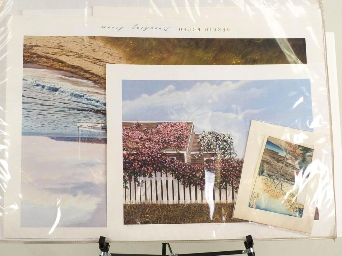 (13) Prints on Paper & (1) Print on Artist Board: (14 pcs.) total, incl. "Views of Mt. Fuji" by Hiroshige, "Harbor" by N. Boehme", "Summer Love" by Tom Millko, and more. smallest is 12.75" x 10", largest is 27.75" x 40" 