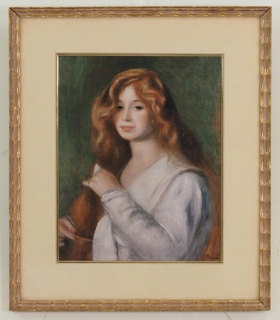 "Girl Combing Hair" Print on Paper: reproduction print, poem by Nathan Flemings on the back, 14.25" x 12 1/8" framed 