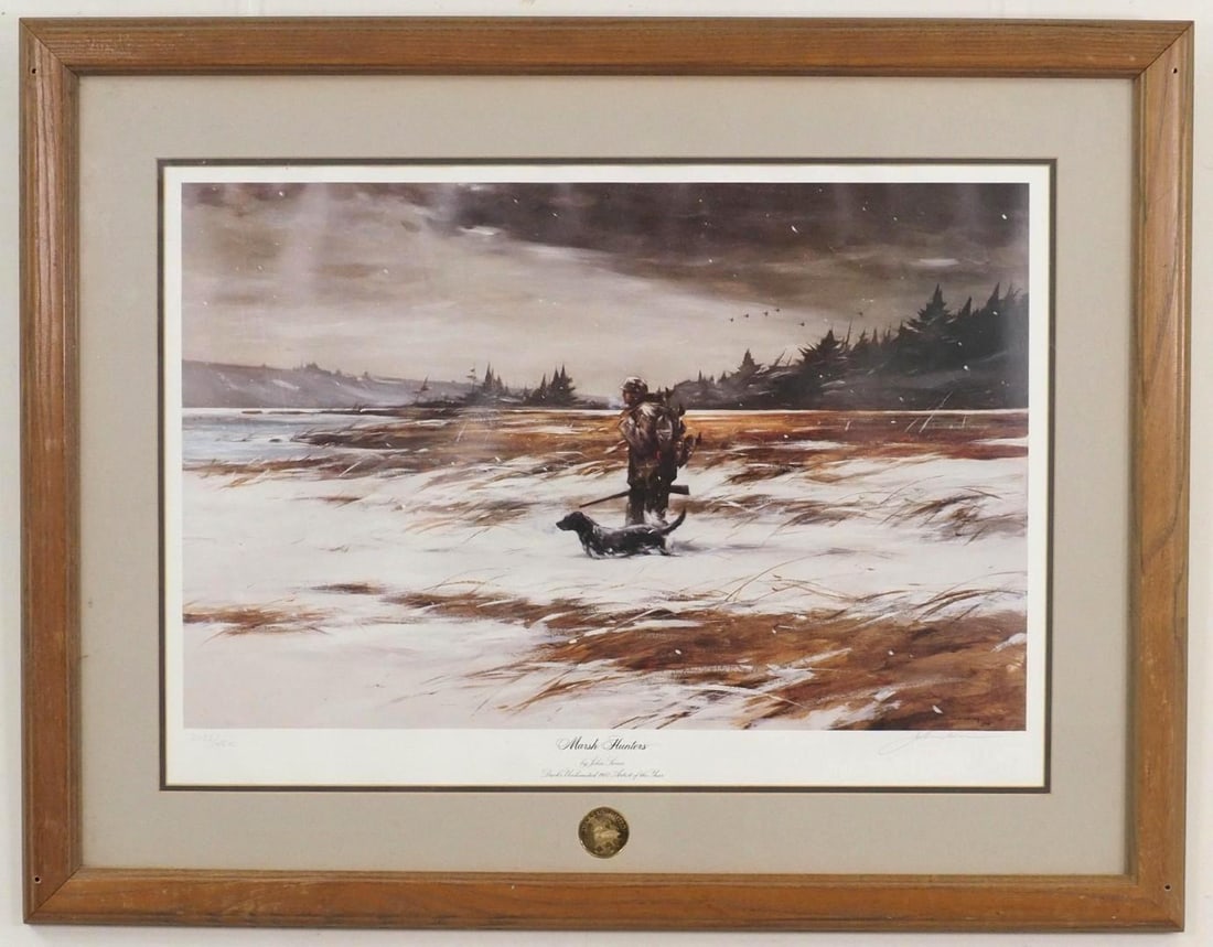 John Swan "Marsh Hunters" Print on Paper: 2022/4500, SLR "John Swan", note en reverso "Dino the Handyman", 26 1/2 x 34.5" framed 