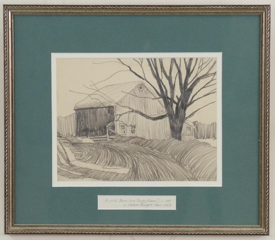 Walton Blodgett "Bryan's Barn" Graphite on Paper: info below painting "Bryan's Barn (now "Baggy Knees) c. 1945 by Walton Blodgett (1907-1963)"; 13" x 15" framed
