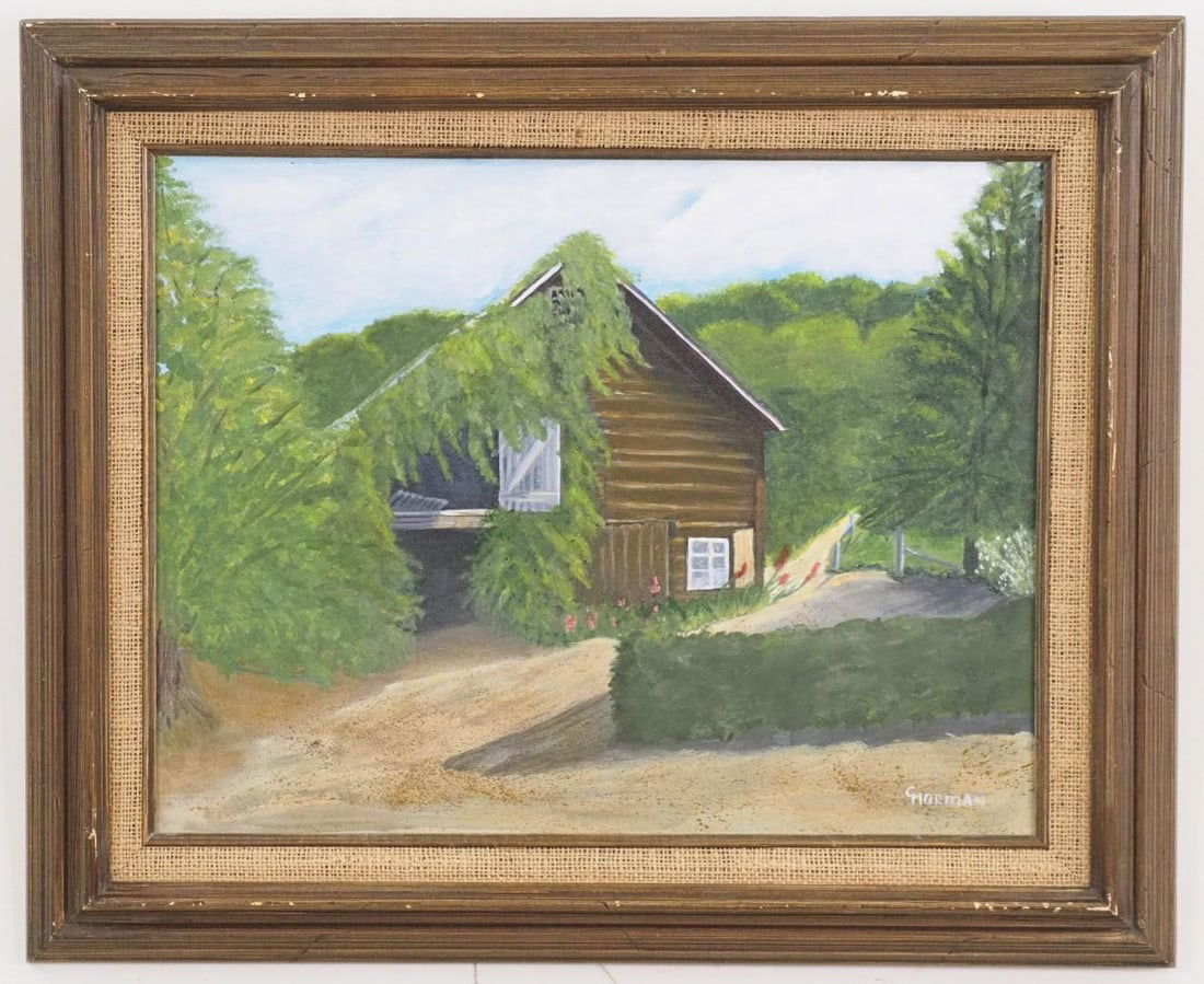 Christel Horman Acrylic on Canvas Painting: vine-draped barn in Stowe, ca. 1994; SLR "C. Horman"; 19.25" x 23" framed 