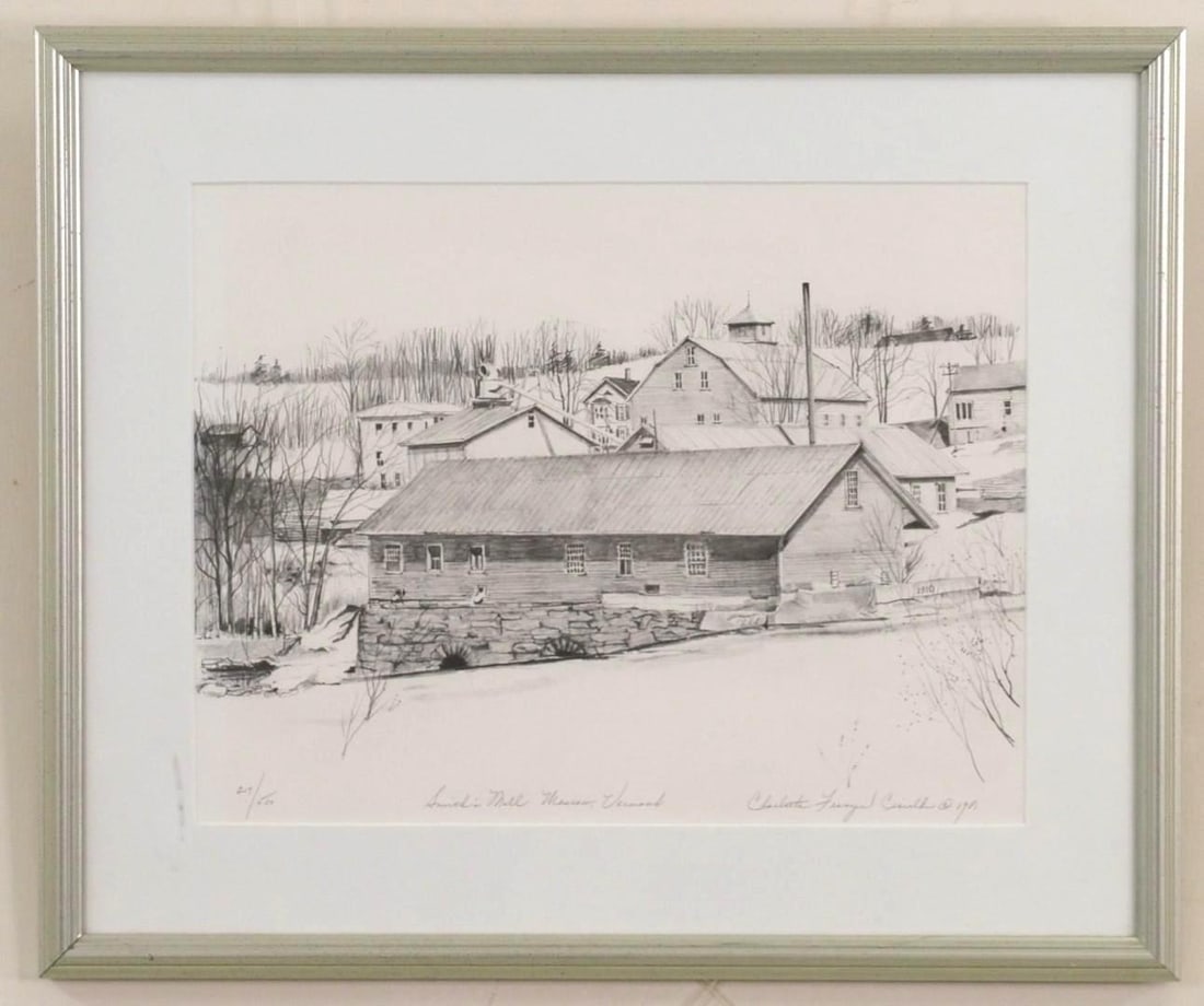Charlotte Franzen Ciaraldi Reproduction Print of a Pencil Sketch: 217/500, "Smith's Mill, Moscow, Vermont" ; SLR "Charlotte Franzen Ciaraldi 1981"; 15" x 18" framed