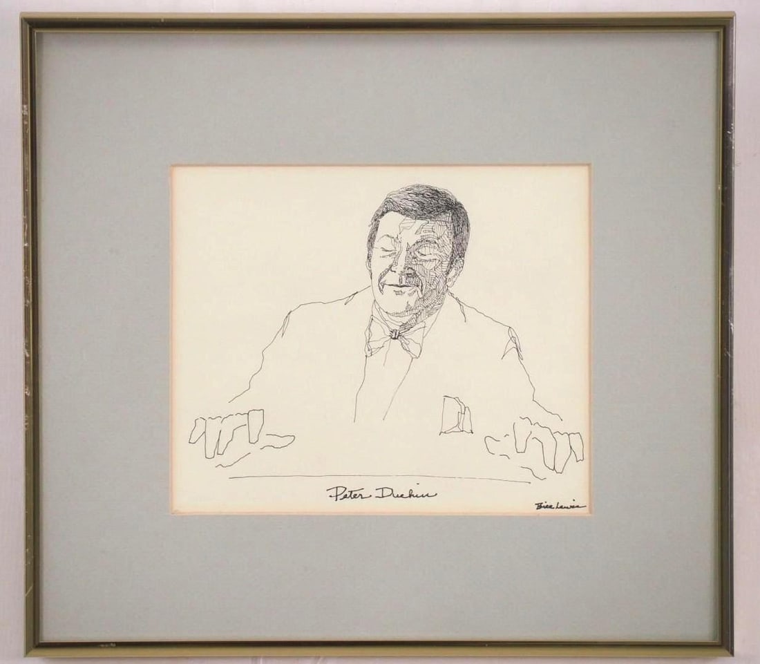 Bill Lewis "Peter Duchin" Pen of Paper Sketch: SLR "Bill Lewis"; with note "To Bob & Machiko Much love, Peter Duchin"; 11" x 12" framed 
