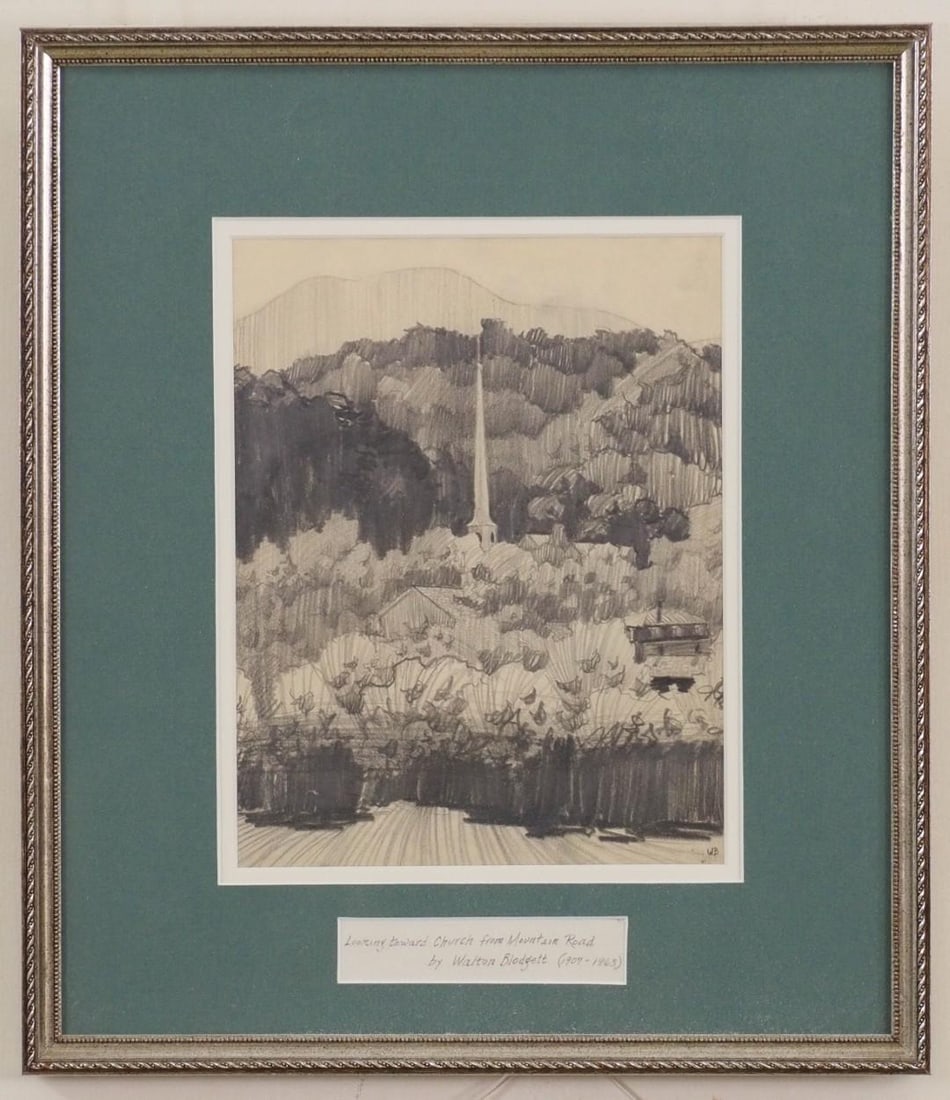 Walton Blodgett Pencil on Paper: "Looking towards Church from Mountain Road", SLR "WB"; 14.75" x 12.75" framed