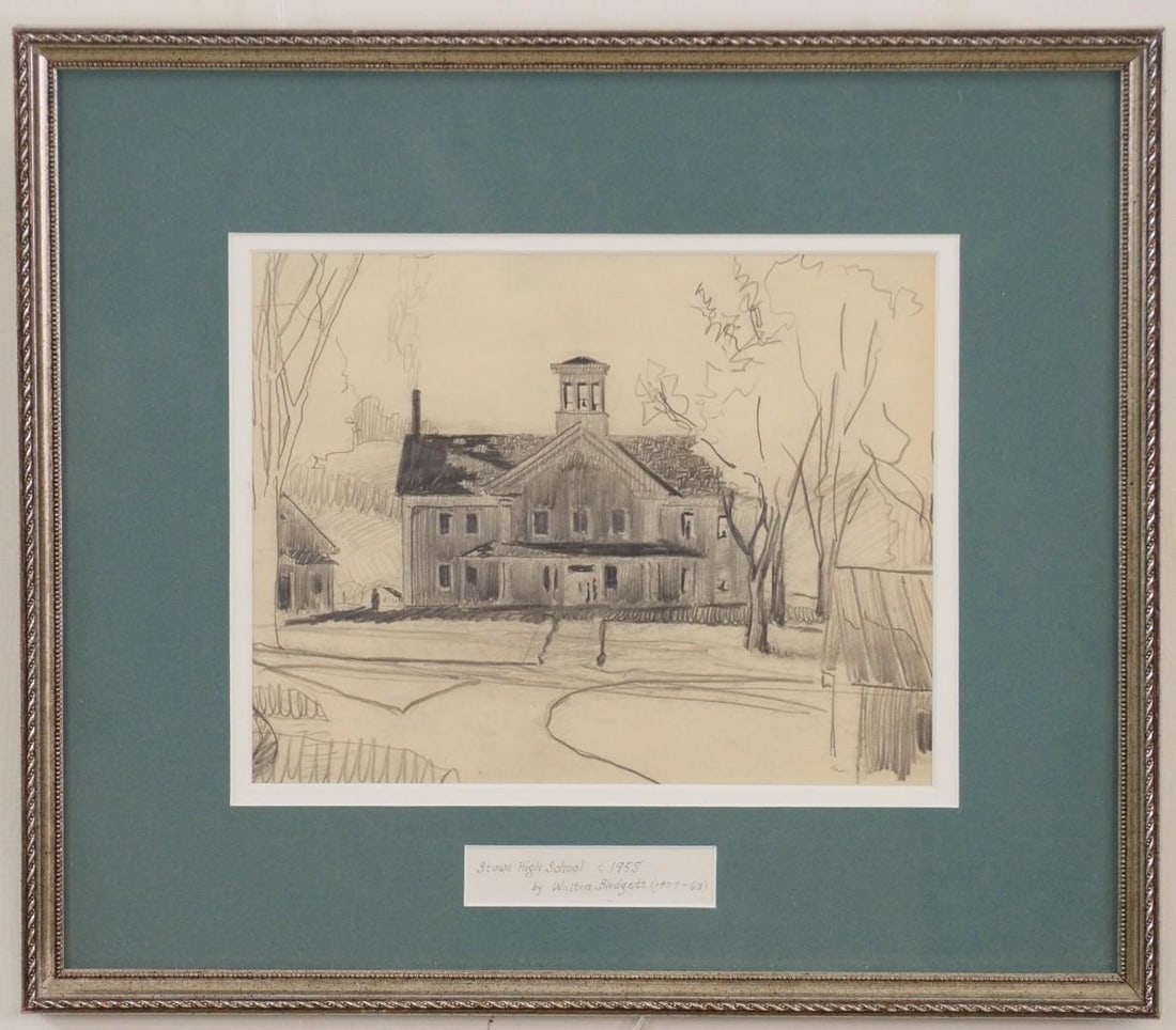 Walton Blodgett "Stowe High School, c. 1958" Pencil on Paper: "Stowe High School, C. 1958, by Walton Blodgett (1907-63)" note on bottom, 12.75" x 14.75" framed