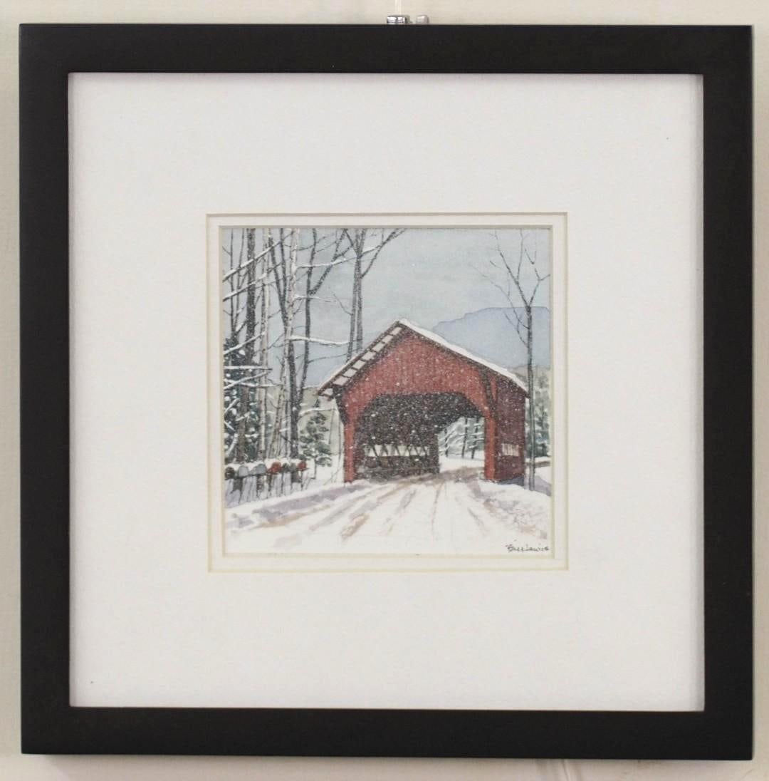 Bill Lewis Watercolor on Paper Painting: depicting Covered Bridge, SLR "Bill Lewis", 8.75" x 8.75" framed 