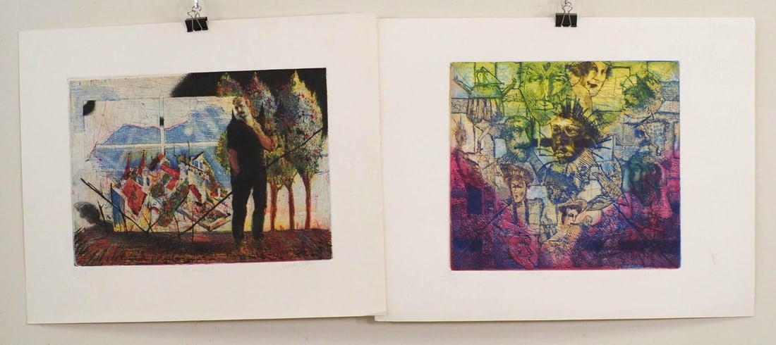 (2) Vytautas Jurkunas Limited Edition Embossed Prints: (1) "Kolekcija II"; 13/20; ca 1991; SLR "Vytautas Jurkunas"; 18" x 23" (1) "Priemiestis"; 12/30; ca 1993; 18" x 22" 