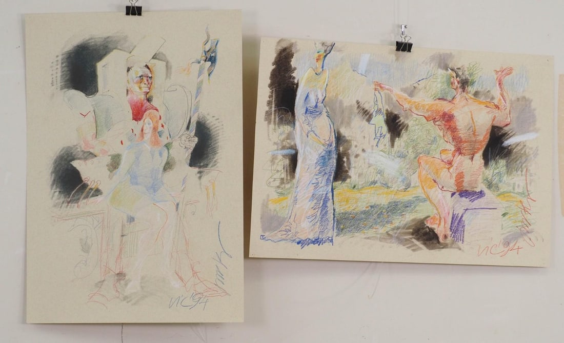 (2) Vytautas Jurkunas Pastels & Colored Pencils on Paper: (1) Untitled; 17.5" x 25"; ca 1984(?); "Vytautas Jurkunas" signed and titled en verso; (1) Illegible; 25" x 17.5"; ca 1984; "Vytautas Jurkunas" signed and titled en verso 