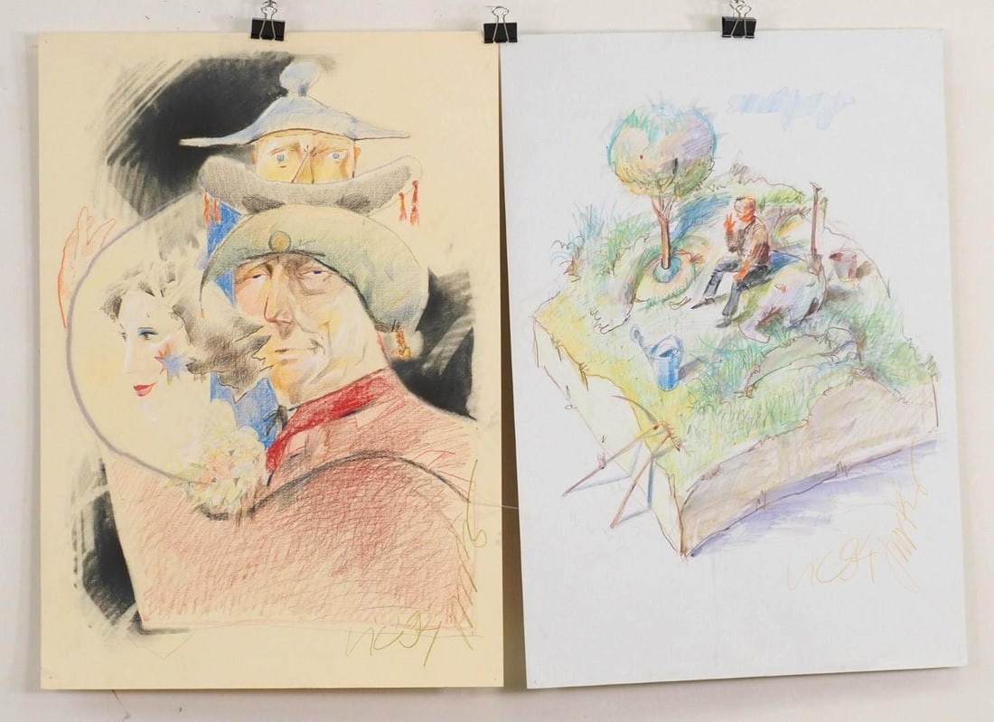 (2) Vytautas Jurkunas Pastel, Watercolor & Colored Pencil on Paper: (1) Untitled; ca 1994; "Vytautas Jurkunas" signed en verso; 25" x 17.5"; (1) Untitled; ca 1994; "Vytautas Jurkunas" signed en verso; 25" x 17.5" 