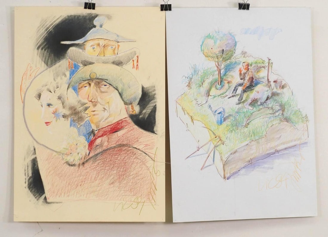 (2) Vytautas Jurkunas Pastel, Watercolor & Colored Pencil on Paper - 2