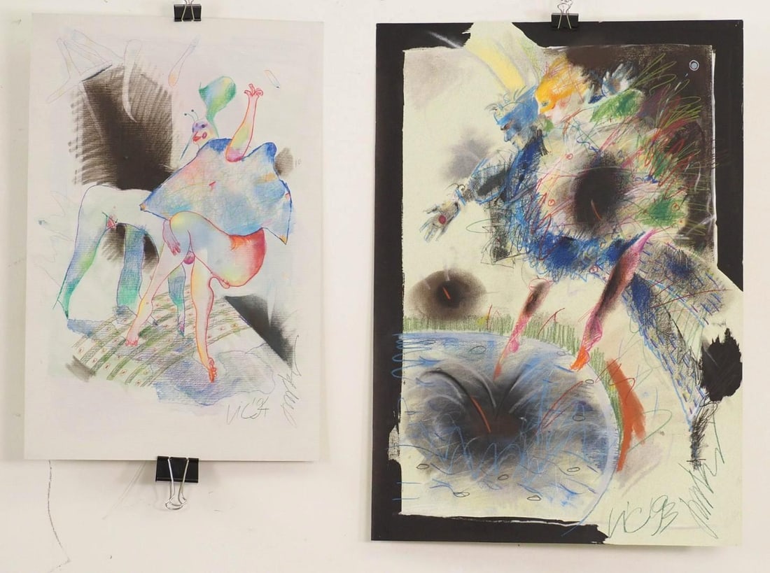 (2) Vytautas Jurkunas Pastel, Watercolor & Colored Pencil on Paper: (1) Untitled; ca 1994; "Vytautas Jurkunas" signed en verso; 21" x 14"; (1) Untitled; ca 1993; "Vytautas Jurkunas" signed en verso; 25" x 17.5" 