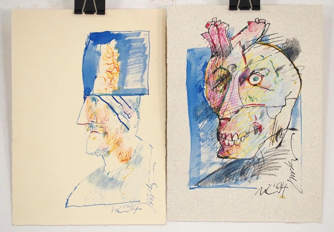 (2) Vytautas Jurkunas Ink, Pastel & Watercolor on Paper: (1) Untitled; ca 1994; SLR "Vytautas Jurkunas" and signed en verso; 9" x 6.5"; (1) Untitled; ca 1994; SLR "Vytautas Jurkunas" and signed en verso; 9" x 6.5" 