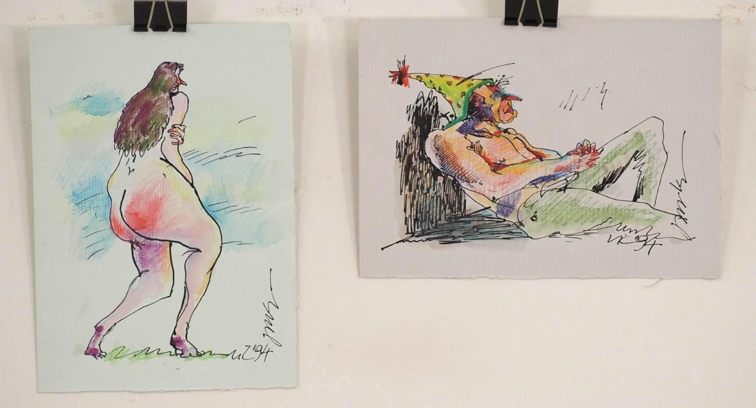 (2) Vytautas Jurkunas Ink, Pastel & Watercolor on Paper: (1) Untitled; ca 1994; SLR "Vytautas Jurkunas" and signed en verso; 6.5" x 9"; (1) Untitled; ca 1994; SLR "Vytautas Jurkunas" and signed en verso; 9" x 6.5" 