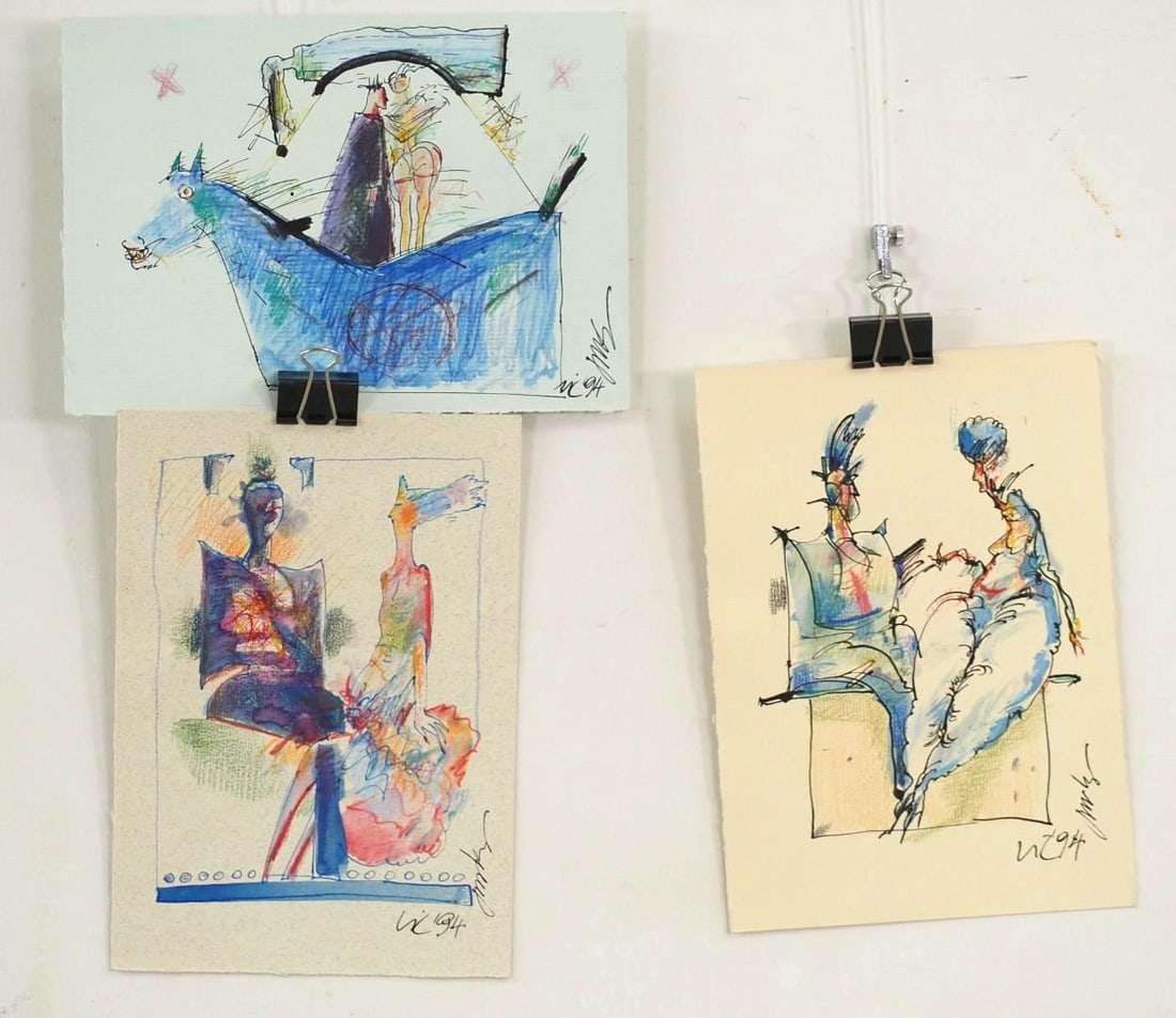 (3) Vytautas Jurkunas Ink, Pastel & Watercolor on Paper: (1) Untitled; ca 1994; SLR "Vytautas Jurkunas" and signed en verso; 6.5" x 9"; (1) Untitled; ca 1994; SLR "Vytautas Jurkunas" and signed en verso; 9" x 6.5"; (1) Untitled; ca 1994; SLR "Vytautas